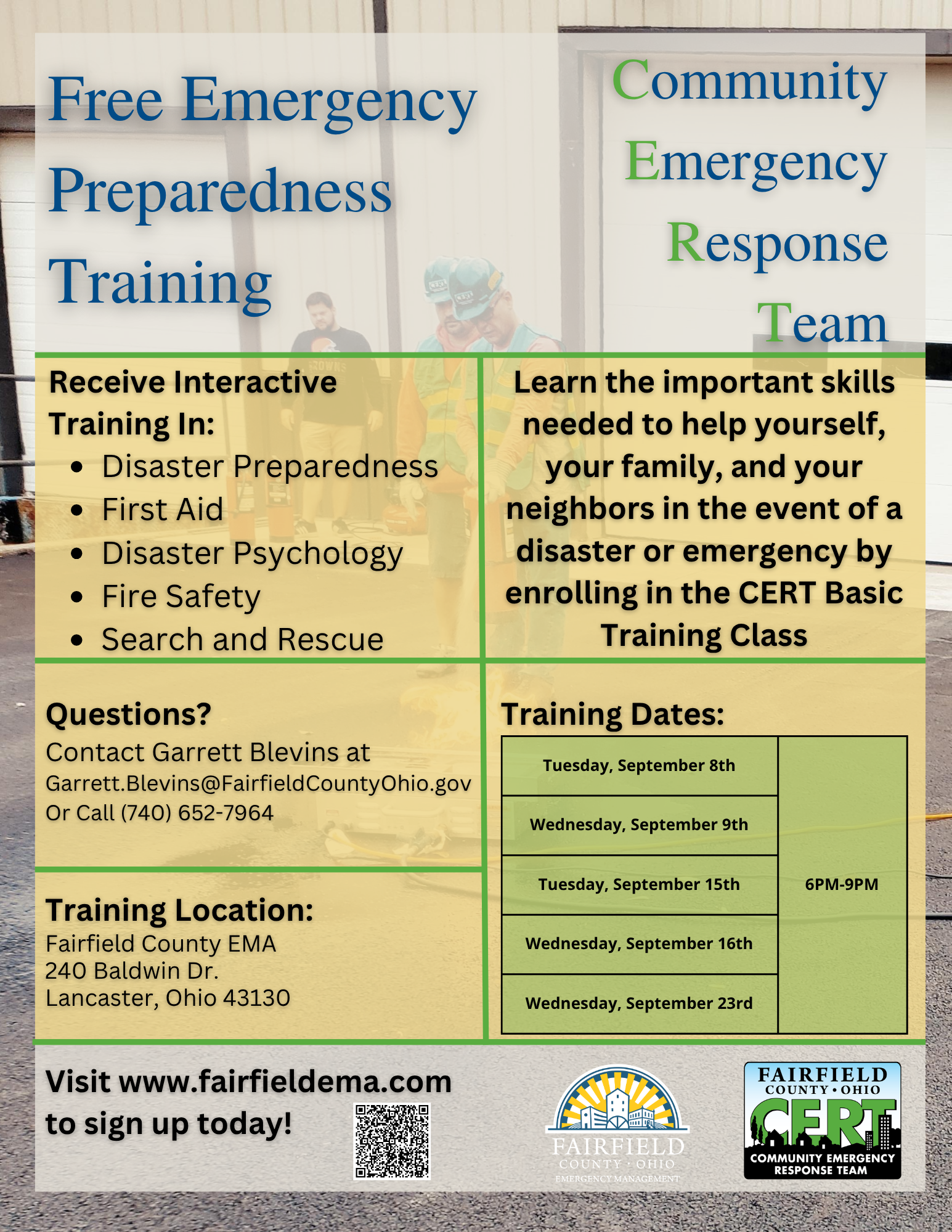 2026 community emergency response team training Flyer for class with details all listed in page text for the the community emergency response team training