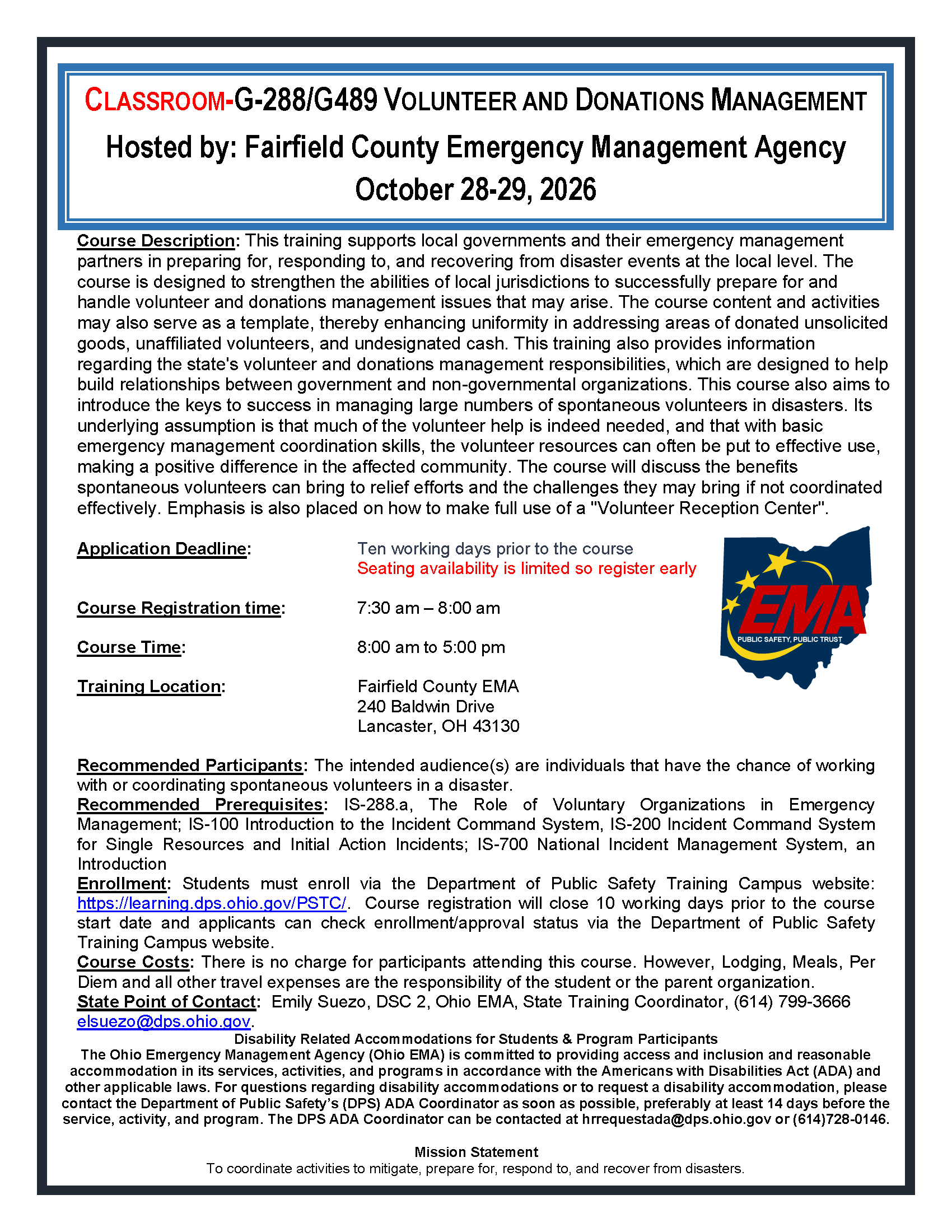 G288 G489 Volunteer and donations management Flyer for class with details all listed in page text for the Volunteer and donations management